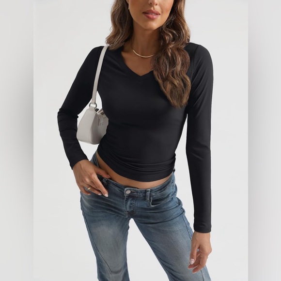 Long Sleeve Shirt V Neck Basics Crop Tops Layering Slim Fitted Y2K - Picture 3 of 6